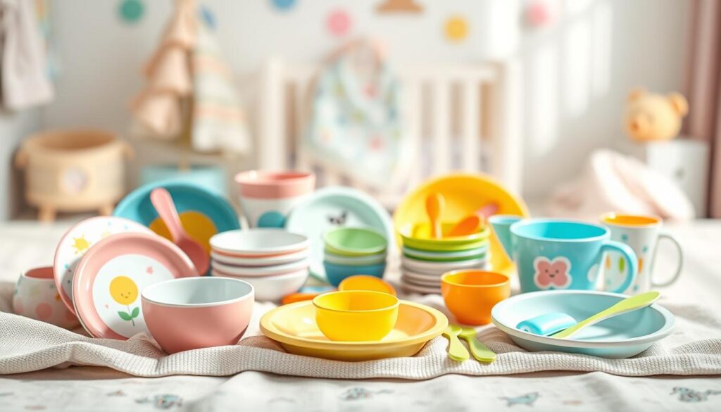 A vibrant, engaging still life composition showcasing a selection of top baby tableware products from ijoyren.com. In the foreground, feature a colorful array of baby plates, bowls, and utensils, all designed with playful patterns and bright colors, arranged on a soft, neutral-toned fabric that enhances their vibrancy. The middle ground should include soft focus baby accessories like bibs and cups, creating an inviting atmosphere. In the background, a gentle bokeh effect with pastel nursery colors subtly hints at a cozy baby room, evoking a sense of warmth and comfort. Natural daylight illuminates the scene, casting soft shadows to add depth, while a slight overhead angle showcases the products beautifully, perfect for conveying the appeal of wholesale baby tableware distribution. The overall mood is cheerful and nurturing, ideal for attracting parents and retailers alike.