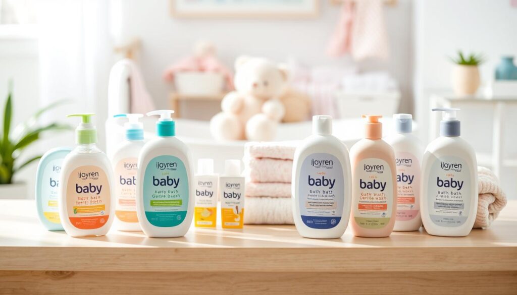 A visually appealing display of assorted baby bath products arranged on a clean, light-colored wooden table, with soft natural lighting illuminating the scene. In the foreground, several colorful baby shampoos, conditioners, and gentle washes with enticing labels can be seen, showcasing the brand "ijoyren.com." In the middle ground, plush bath toys and soft towels in pastel hues are neatly placed, enhancing the playful atmosphere. The background features a soft-focus nursery environment with subtle hints of a baby bathtub and soothing decor. The overall mood should feel fresh, welcoming, and professional, emphasizing the quality and appeal of wholesale private-label baby bath accessories while implying competitive pricing. Use a soft focus lens to create a dreamy, inviting atmosphere.