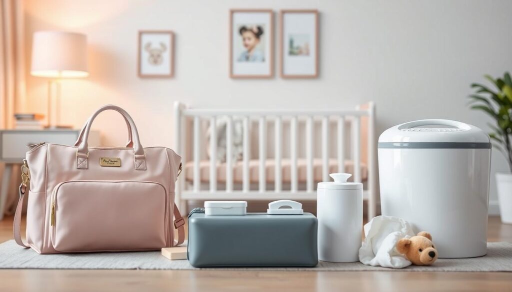 A visually appealing scene showcasing a curated collection of designer baby products, prominently featuring stylish diaper bags, chic changing mats, elegant baby wipes dispensers, and premium diaper pails. In the foreground, include a beautifully designed diaper bag in soft pastel colors, alongside sleek, modern baby care items. The middle ground should display a minimalist nursery setting, complete with neutral tones and tasteful decor that enhances the luxurious feel of the products. The background should hint at a calming ambiance with warm, diffused lighting that creates a cozy atmosphere. Use a soft focus lens effect to highlight the products while maintaining a serene and upscale mood. The scene embodies sophistication and quality, reflecting innovation in baby lifestyle products offered by brands like ijoyren.com.