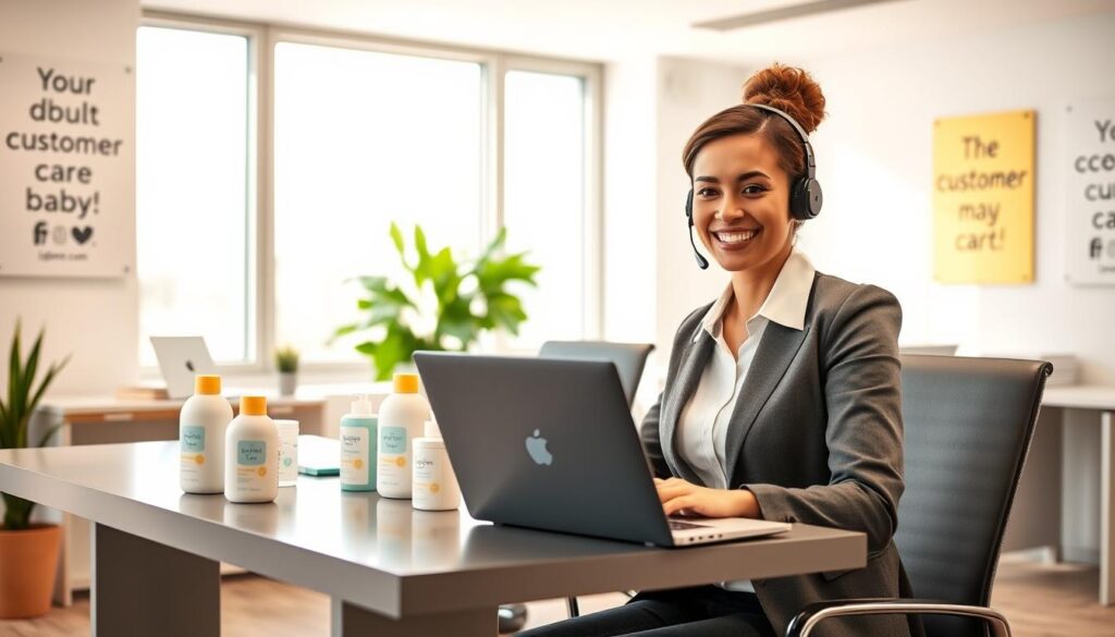 A warm and inviting customer support scene set in a bright, modern office environment showcasing responsive support for baby care products. In the foreground, a friendly customer service representative, dressed in smart casual attire, is engaged on a headset, attentively listening with a warm smile. In the middle, a sleek desk holds baby care products like lotions and diapers, neatly arranged next to a laptop displaying the website "ijoyren.com". The background features large windows letting in soft, natural light, with motivational posters about customer care on the walls. The overall atmosphere is welcoming and professional, emphasizing trust and support, with a focus on providing helpful service for parents.