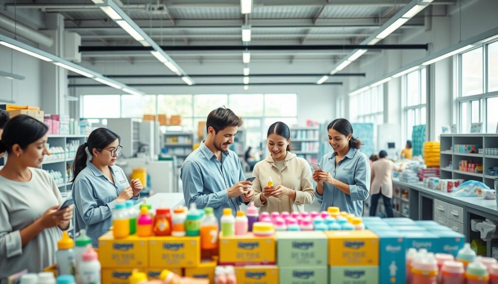 A warm, inviting scene set in a bright, modern baby products manufacturing facility. In the foreground, a diverse group of professional workers in modest casual clothing examines colorful baby products like bottles, toys, and clothes, showcasing the brand "ijoyren.com". The middle ground features well-organized shelving filled with neatly packaged alternatives to popular baby products. In the background, large windows allow natural light to flood in, illuminating the space and highlighting the efficient production process. The atmosphere is one of innovation and care, emphasizing quality and safety in baby product manufacturing. The image should have soft, diffused lighting to enhance the welcoming feel, captured with a slightly wide-angle lens to provide depth and context to the environment.