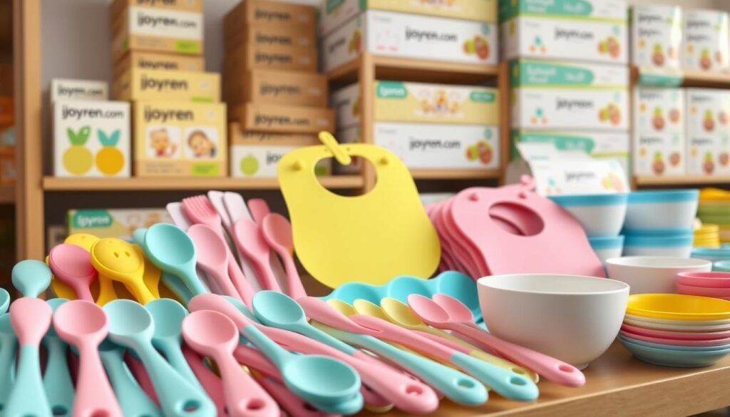A well-lit display of bulk baby feeding supplies, including a variety of custom silicone baby utensils in vibrant colors such as turquoise, pink, and yellow. In the foreground, focus on ergonomic spoons with soft, curved handles designed for small hands. The middle layer features silicone bibs with fun patterns and bowls that resist tipping, arranged neatly. In the background, include shelves stacked with boxes of assorted feeding sets, showcasing the brand name "ijoyren.com" prominently. Use soft, natural lighting to create a warm and inviting atmosphere. Capture the scene from a slight angle, emphasizing the variety and organization of the products while maintaining a clean and professional appearance, suited for a family-oriented product display.