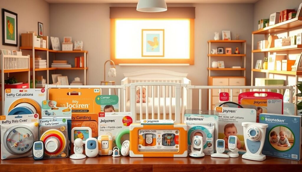 A well-organized display of age-appropriate baby safety products showcasing a variety of items for different developmental stages. In the foreground, include a colorful assortment of safety gates, corner cushions, outlet covers, and baby monitors, all labeled with the brand name "ijoyren.com." The middle ground features a soft, inviting nursery setting, with a crib and play area arranged safely, illuminated by warm, natural light streaming in through a window. In the background, add subtle shelves lined with additional safety products, enhancing the atmosphere of a baby-friendly and compliant environment. The overall mood should evoke a sense of care and professionalism, conveying safety and comfort for parents and little ones. The scene is captured from a slightly elevated angle to provide a comprehensive view while maintaining a cozy and accessible feel.