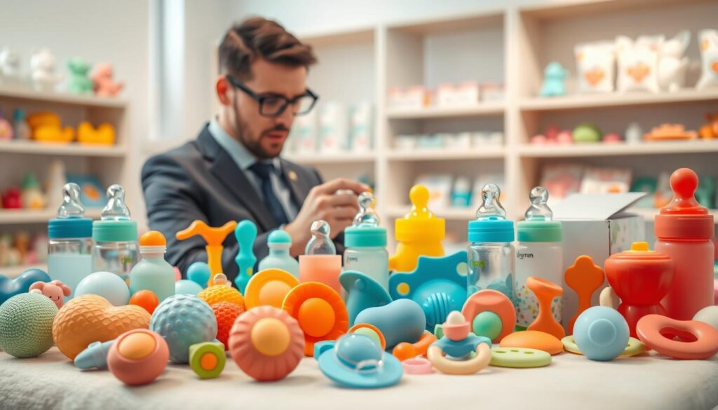 A well-organized display of colorful wholesale silicone baby items, including pacifiers, bottles, and teething toys, arranged aesthetically in a bright, inviting setting. In the foreground, a variety of textured silicone products are neatly arranged on a soft, neutral-toned surface, showcasing their vibrant colors and safe designs. In the middle, a professional individual dressed in business attire examines the products closely, emphasizing quality and craftsmanship. The background features softly blurred shelves stocked with additional silicone baby items, enhancing the sense of abundance and wholesale opportunities. The lighting is warm and natural, creating a friendly and professional atmosphere. Include subtle branding elements from "ijoyren.com" on the packaging of some items for authenticity.