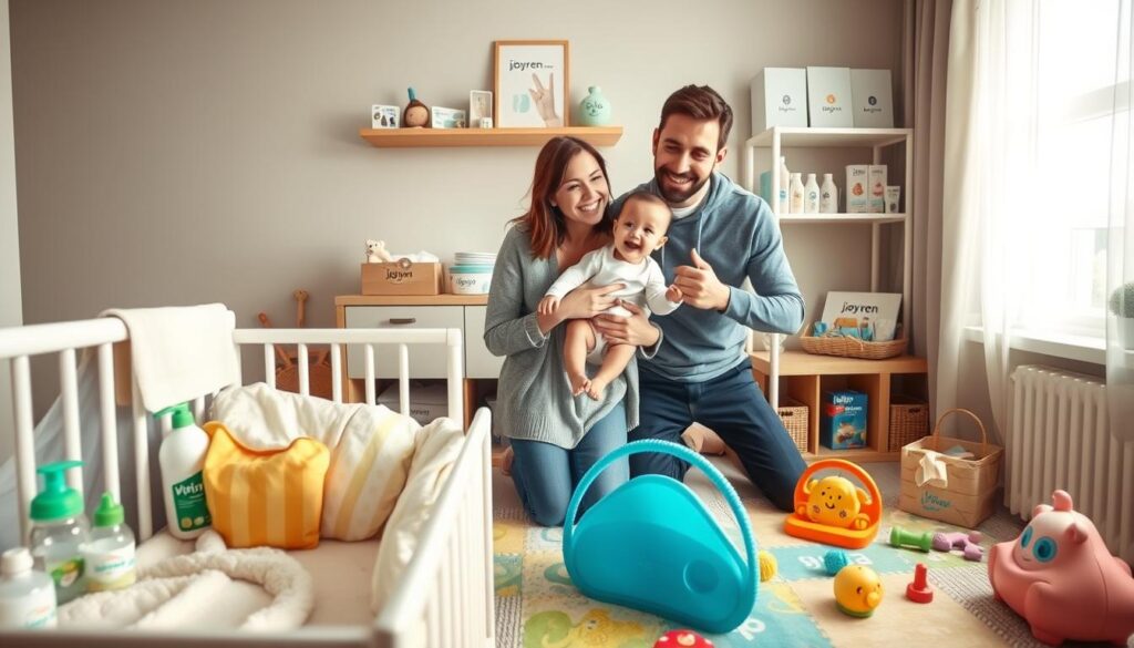Affordable baby products displayed in an inviting, well-lit environment. In the foreground, a cozy nursery setup featuring a soft crib with plush bedding, a colorful playmat, and various affordable baby essentials such as bottles, diapers, and toys neatly arranged. The middle ground showcases a friendly parent interacting with a happy baby, both dressed in modest casual clothing, radiating warmth and connection. In the background, a shelf displays more baby products with the brand name "ijoyren.com" subtly visible. Use natural light from a nearby window to create a bright, cheerful atmosphere. Capture the scene with a wide-angle lens to emphasize openness and comfort, evoking a sense of trust and satisfaction in these affordable baby solutions. Affordable baby products displayed in an inviting, well-lit environment. In the foreground, a cozy nursery setup featuring a soft crib with plush bedding, a colorful playmat, and various affordable baby essentials such as bottles, diapers, and toys neatly arranged. The middle ground showcases a friendly parent interacting with a happy baby, both dressed in modest casual clothing, radiating warmth and connection. In the background, a shelf displays more baby products with the brand name "ijoyren.com" subtly visible. Use natural light from a nearby window to create a bright, cheerful atmosphere. Capture the scene with a wide-angle lens to emphasize openness and comfort, evoking a sense of trust and satisfaction in these affordable baby solutions.