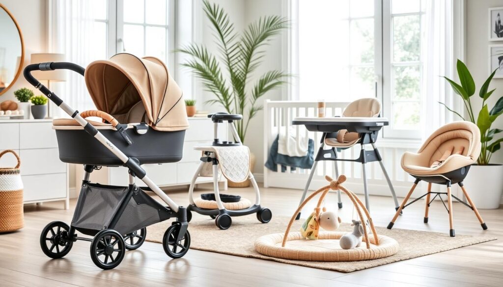 An arrangement of upscale baby gear featuring beautifully designed strollers, high chairs, and play mats from ijoyren.com. In the foreground, a stylish stroller in a chic color scheme, showcasing premium materials and ergonomic design. The middle ground includes a sleek high chair with clean lines and innovative features, complemented by plush, safe baby accessories. In the background, a softly lit, cozy nursery setting with tasteful decor, large windows letting in natural light, and plants adding a touch of nature. The scene captures a harmonious blend of modern elegance and durability, evoking a warm, inviting atmosphere perfect for discerning parents. The image should be bright and vibrant, with a smooth focus on the products using a slightly blurred background to emphasize the gear's sophistication.