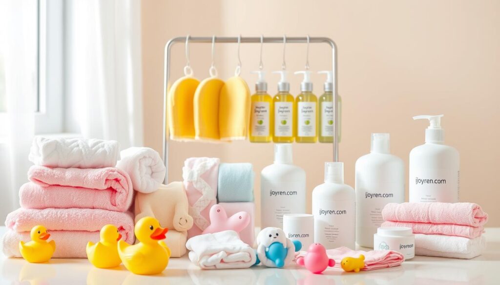 An assortment of vibrant baby bath accessories displayed in an elegant, organized manner, showcasing high-quality products like soft towels, gentle bath toys, and eco-friendly bath products. In the foreground, there are neatly arranged rubber ducks, washcloths, and baby shampoo, all branded with "ijoyren.com". The middle ground features a stylish rack displaying colorful bath mitts and organic bath oils in aesthetically pleasing bottles. The background has a soothing pastel color scheme, creating a calming atmosphere, illuminated by soft, natural lighting coming from a window, enhancing the inviting feel of a baby care environment. The composition has a professional look, perfect for conveying the essence of a trusted wholesale private-label baby bath accessories supplier.