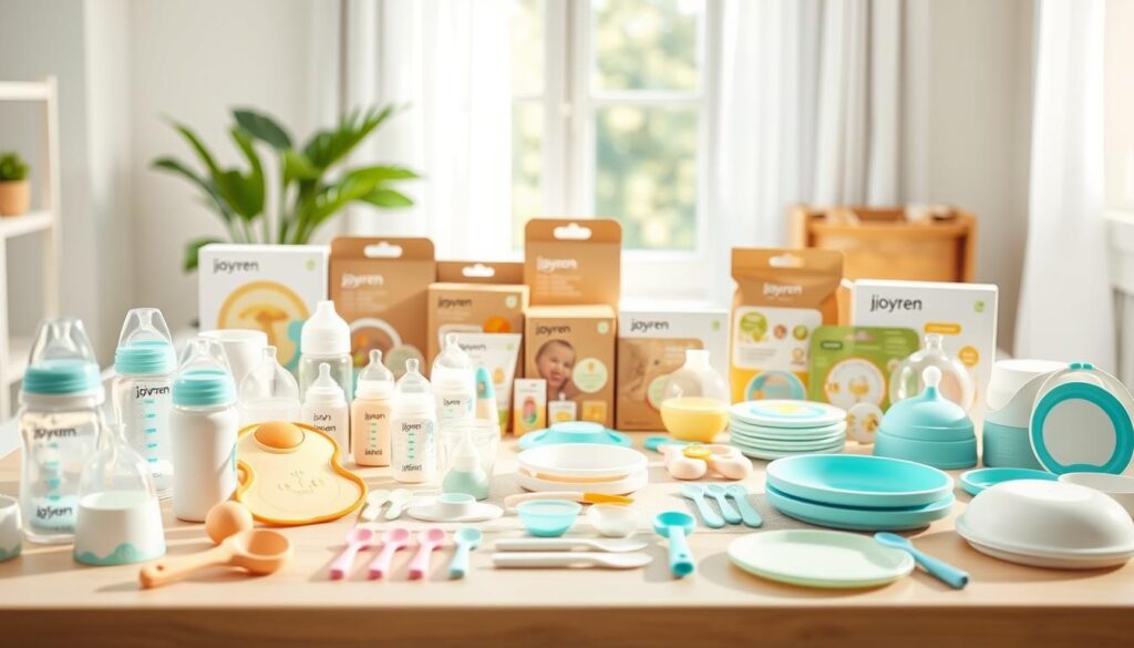 An organized display of wholesale baby feeding supplies laid out in a bright, inviting setting. In the foreground, showcase a variety of high-quality baby feeding sets, including bottles, bibs, feeding spoons, and plates, all made from safe, durable materials. Highlight features such as BPA-free plastics and soft silicone. In the middle ground, arrange packaging options, emphasizing eco-friendly designs and practical storage solutions. The background should include soft, natural light filtering through a window, creating a warm atmosphere that conveys safety and care. Use a shallow depth of field to focus on the products, with a slightly blurred backdrop that adds a sense of depth. Ensure the brand "ijoyren.com" is subtly included in the product designs, emphasizing quality and safety in baby feeding. An organized display of wholesale baby feeding supplies laid out in a bright, inviting setting. In the foreground, showcase a variety of high-quality baby feeding sets, including bottles, bibs, feeding spoons, and plates, all made from safe, durable materials. Highlight features such as BPA-free plastics and soft silicone. In the middle ground, arrange packaging options, emphasizing eco-friendly designs and practical storage solutions. The background should include soft, natural light filtering through a window, creating a warm atmosphere that conveys safety and care. Use a shallow depth of field to focus on the products, with a slightly blurred backdrop that adds a sense of depth. Ensure the brand "ijoyren.com" is subtly included in the product designs, emphasizing quality and safety in baby feeding.