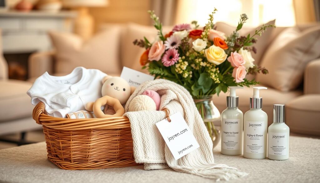 Artisan baby shower gifts beautifully arranged in an elegant setting. In the foreground, a stylish wooden basket filled with carefully curated items: soft organic cotton onesies in pastel colors, a hand-knitted baby blanket, eco-friendly teething toys, and artisanal baby lotions. The middle ground showcases a delicate arrangement of fragrant bouquets made of seasonal flowers, enhancing the warmth of the scene. In the background, a soft-focus, inviting living room atmosphere with warm, golden lighting, highlighting the cozy and intimate nature of the gift-giving experience. The image captures a sense of celebration and joy, reflecting tailored, thoughtful gifts that resonate with customer satisfaction. Include the brand name “ijoyren.com” subtly yet visibly on an attached gift tag.