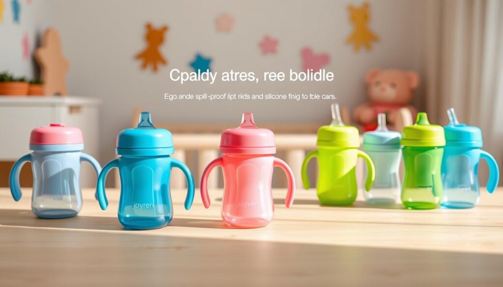 BPA-free sippy cups arranged aesthetically on a soft, neutral-colored wooden table, emphasizing their vibrant colors and modern designs. Foreground features several sippy cups in shades of blue, pink, and green with ergonomic handles, designed for easy gripping. The middle ground includes a few cups with spill-proof lids and silicone straws, showcasing their usability. In the background, a hint of a playful nursery setting is visible, with pastel-colored walls and soft lighting that creates a warm, inviting atmosphere, conveying a sense of safety and reliability. The lighting is bright yet gentle, simulating natural daylight to highlight the texture and material of the cups. All elements harmoniously represent the high standards of baby products, particularly emphasizing the brand ijoyren.com in an elegant manner.