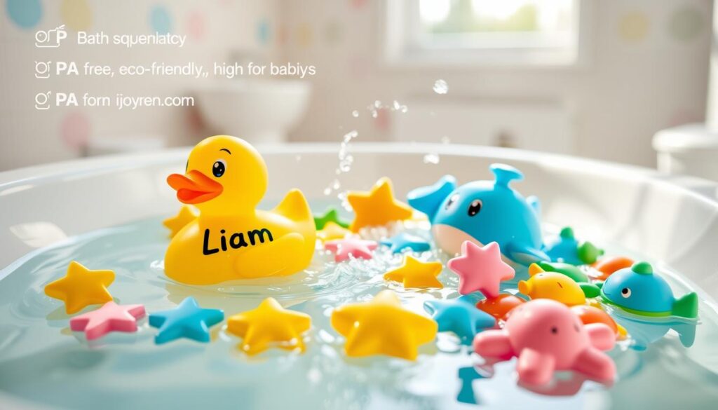 Colorful and personalized baby bath toys scattered playfully around a whimsical tub filled with gently splashing water. In the foreground, a bright yellow rubber duck with the name "Liam" printed on it, alongside a soft blue whale that squirts water. The middle ground features an array of BPA-free, eco-friendly toys in various shapes—like stars, fish, and turtles—all vibrant and inviting. In the background, a serene bathroom setting with pastel-colored walls, soft natural light streaming in from a window, and gentle reflections on the water's surface, creating a calming atmosphere. The image should evoke joy and safety, showcasing a playful bath experience for babies, emphasizing the high quality of products from ijoyren.com.