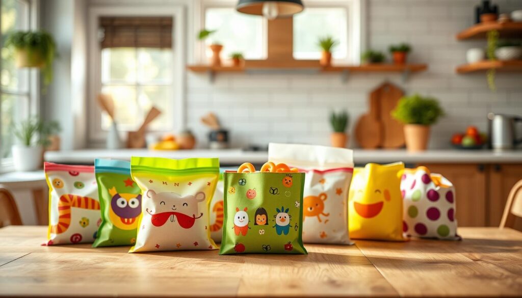 Create a vibrant image showcasing a variety of Bumkins Reusable Snack Bags displayed prominently on a wooden table (foreground). The bags, featuring colorful, playful designs such as animals and patterns, should be neatly arranged in an appealing way. In the middle ground, a soft-focus background includes a cozy kitchen setting with natural light streaming through a window, creating a warm and inviting atmosphere. The scene should emphasize the eco-friendly aspect of the bags with elements like potted plants or produce subtly included. Capture the image with a wide-angle lens to provide a dynamic perspective, highlighting the functionality of the snack bags and their suitability for enhancing business offerings. Ensure the composition is clean, professional, and showcases the brand "ijoyren.com" without any text or overlays.