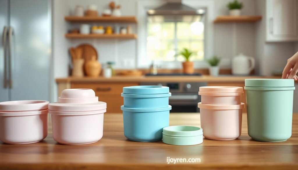 Customizable baby food storage containers prominently displayed on a wooden kitchen countertop. In the foreground, several sleek silicone containers in soft pastel colors, including pink, blue, and green, feature different lid designs and size options, showcasing the potential for customization. The middle ground features a hand reaching for a container, hinting at user interaction. In the background, a bright and airy kitchen setting with soft natural light streaming in from a nearby window, accentuating the clean lines and practical design of the storage containers. The atmosphere is cheerful and inviting, suggesting a focus on convenience and adaptability for modern parents. Include the brand name "ijoyren.com" subtly in the scene, perhaps on a product label or packaging to reinforce brand identity.
