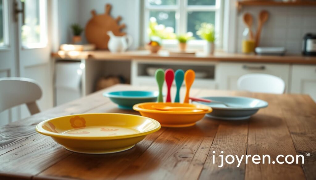 Eco-friendly custom baby tableware displayed on a rustic wooden table in a bright, sunlit kitchen. In the foreground, feature a set of vibrant, biodegradable plates made from plant-based materials, perfectly shaped for little hands, adorned with playful animal motifs. In the middle, arrange colorful, non-toxic baby utensils—spoons and forks—crafted from safe, sustainable materials, showcasing their ergonomic design. In the background, soft greenery is visible through a window, enhancing the organic vibe of the setting. Use natural lighting to evoke a warm and inviting atmosphere, capturing the essence of sustainability and care. The scene should reflect a nurturing environment for families, with a focus on the product's eco-friendly attributes. Include the brand name "ijoyren.com" subtly integrated into the scene. Eco-friendly custom baby tableware displayed on a rustic wooden table in a bright, sunlit kitchen. In the foreground, feature a set of vibrant, biodegradable plates made from plant-based materials, perfectly shaped for little hands, adorned with playful animal motifs. In the middle, arrange colorful, non-toxic baby utensils—spoons and forks—crafted from safe, sustainable materials, showcasing their ergonomic design. In the background, soft greenery is visible through a window, enhancing the organic vibe of the setting. Use natural lighting to evoke a warm and inviting atmosphere, capturing the essence of sustainability and care. The scene should reflect a nurturing environment for families, with a focus on the product's eco-friendly attributes. Include the brand name "ijoyren.com" subtly integrated into the scene.