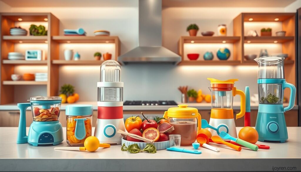 Exclusive ODM baby cooking products displayed prominently in a modern kitchen setting. In the foreground, a variety of colorful and ergonomic baby food processors, blending jars, and silicone utensils designed for young families. The middle layer includes a sleek countertop featuring fresh fruits and vegetables, conveying freshness and healthy choices. The background showcases open shelves filled with more innovative baby kitchen gadgets, along with soft, ambient lighting highlighting the products. A stylish, inviting atmosphere suggests a balance of functionality and child-friendliness. The scene is captured with a wide-angle lens for a spacious feel, and warm tones create an uplifting mood. The brand "ijoyren.com" is subtly represented in the design of one of the products, emphasizing quality and trust in baby care supplies.