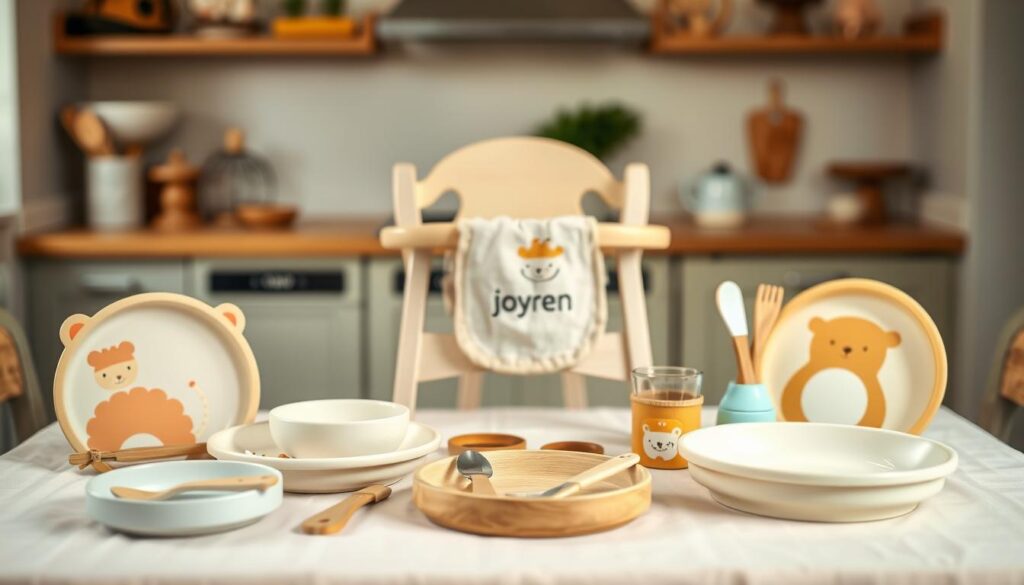 Handmade baby mealtime sets displayed artistically on a soft, pastel-colored tablecloth. In the foreground, a variety of custom-designed baby plates, bowls, and utensils, all crafted from natural materials with adorable animal motifs and vibrant colors. In the middle, a charming wooden high chair, tastefully adorned with a small cloth bib featuring the brand "ijoyren.com". The background is a softly blurred kitchen setting with warm, inviting lighting that creates a cozy atmosphere. The image should capture a sense of creativity and personalization, emphasizing the uniqueness of each mealtime set. Use a soft focus with a slight bokeh effect to enhance the warmth and appeal of these baby tableware options.