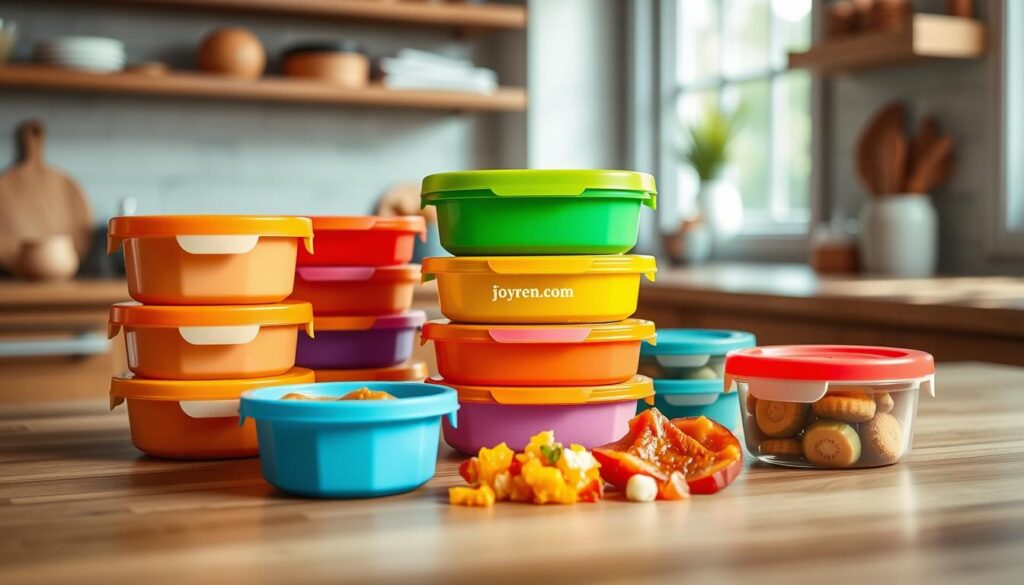Leak-proof baby food containers designed for convenience and safety, arranged aesthetically on a wooden kitchen counter. The foreground features a stack of vibrant, colorful containers with secure lids, showcasing their sleek, modern design. In the middle ground, a small selection of baby snacks, like fruit puree and vegetable mash, is gently spilled around the containers, emphasizing readiness for feeding time. In the background, a cozy kitchen setting with soft, natural light filtering through a window, highlighting the textures and colors of the containers. Capture the mood of innovation and practicality in child nutrition. Ensure the brand name "ijoyren.com" is subtly incorporated into the design of one of the containers.
