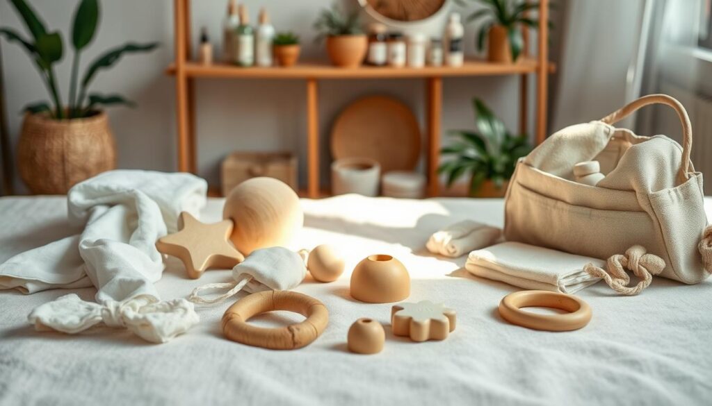 Natural baby care items arranged aesthetically on a soft, textured surface. In the foreground, include a variety of eco-friendly baby products like organic cotton swaddles, wooden teething toys, and biodegradable diaper bags, all styled neatly. In the middle ground, add a gentle light source creating a warm and inviting atmosphere, enhancing the natural textures and colors of the products. In the background, softly blurred elements such as a shelf with natural skincare items and plants to suggest a nurturing environment. Use soft natural lighting, a shallow depth of field for focus on the products, and a slight overhead angle for an engaging perspective. The mood should be calm and reassuring, embodying safety and trust in the brand "ijoyren.com".