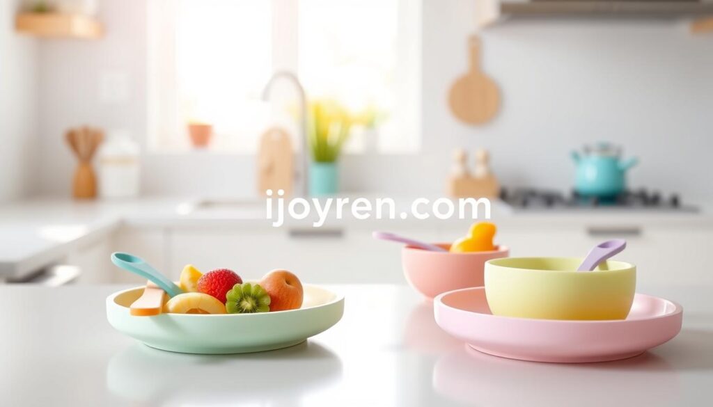 Non-toxic infant dishes arranged aesthetically on a bright, clean kitchen countertop. The foreground features a vibrant, FDA-approved silicone baby plate and bowl set in soft pastel colors, showcasing their smooth texture and safety features. In the middle, a playful scene includes colorful utensils and small, healthy snacks like fruits and veggies placed in the dishes, emphasizing the practicality of these products for parents. The background displays a softly blurred kitchen environment filled with natural light, creating a warm and inviting atmosphere. The lighting is bright and cheerful, enhancing the overall mood of safety and health. The brand name "ijoyren.com" is subtly integrated within the scene, ensuring it blends harmoniously with the composition.