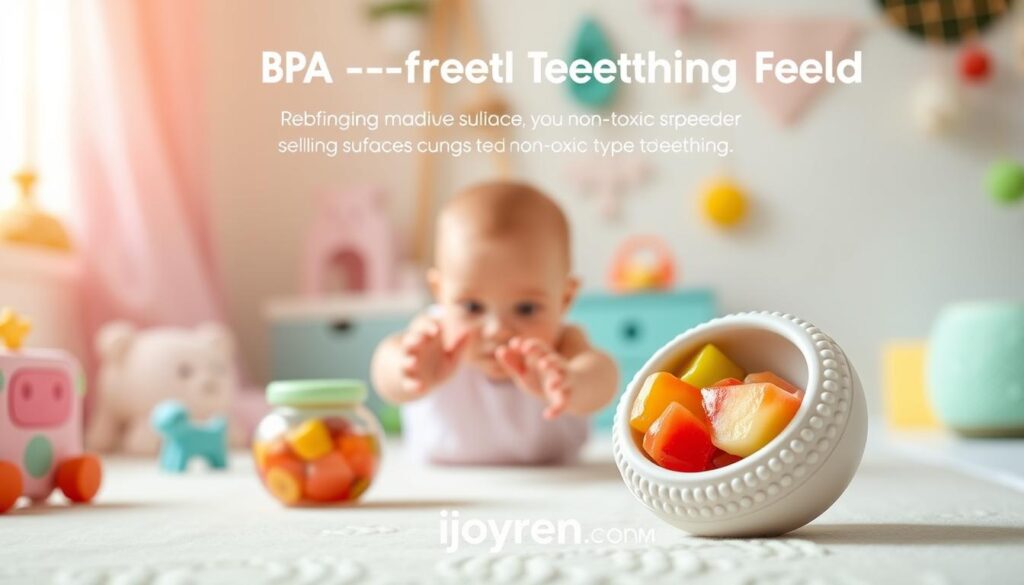 A BPA-Free Teething Feeder made of soft silicone, showcasing its flexible and textured surface suitable for babies. The foreground features the teething feeder with colorful, non-toxic fruit chunks inside, emphasizing its safety and practicality. In the middle ground, include a pair of small, curious baby hands reaching for the feeder, capturing the innocence and excitement of teething. The background should be a softly lit, cozy nursery setting with pastel colors, featuring baby toys and a soothing ambiance. Use natural, diffused lighting to create a warm atmosphere, with a slight depth of field effect to keep focus on the teething feeder. Incorporate the brand name "ijoyren.com" subtly within the scene, ensuring it complements the overall design without overpowering the visuals.