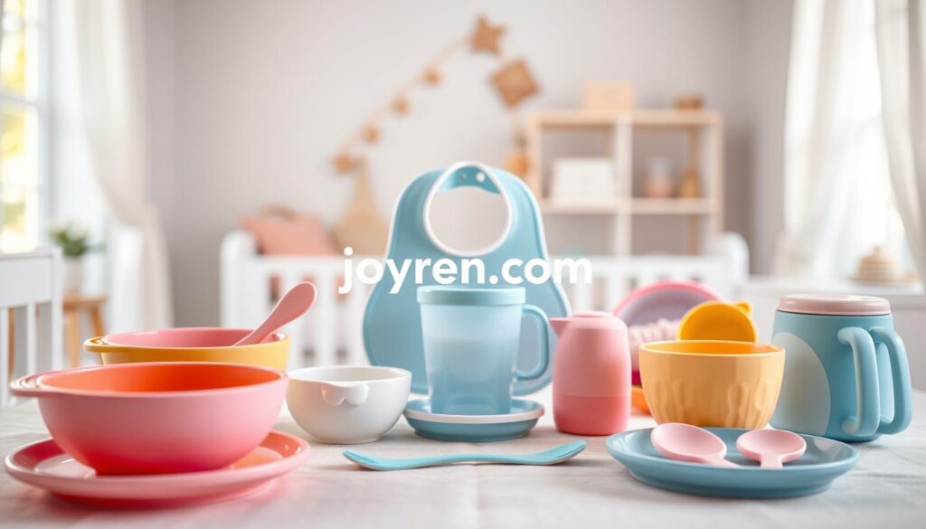 A beautifully arranged collection of safe baby feeding products displayed on a soft, pastel-colored nursery table. In the foreground, a set of brightly colored, CPSIA certified toddler dinnerware including bowls, plates, and utensils, all designed with fun, child-friendly shapes and patterns. In the middle, a silicone bib and a spill-proof cup, emphasizing their practicality and safety features. The background features a soft, blurred view of a cozy nursery with gentle lighting filtering through a window, creating a warm and inviting atmosphere. The image should convey a sense of safety and care for children, with a focus on quality and compliance. Incorporate the brand name "ijoyren.com" subtly among the products, ensuring it blends seamlessly into the design. A beautifully arranged collection of safe baby feeding products displayed on a soft, pastel-colored nursery table. In the foreground, a set of brightly colored, CPSIA certified toddler dinnerware including bowls, plates, and utensils, all designed with fun, child-friendly shapes and patterns. In the middle, a silicone bib and a spill-proof cup, emphasizing their practicality and safety features. The background features a soft, blurred view of a cozy nursery with gentle lighting filtering through a window, creating a warm and inviting atmosphere. The image should convey a sense of safety and care for children, with a focus on quality and compliance. Incorporate the brand name "ijoyren.com" subtly among the products, ensuring it blends seamlessly into the design.