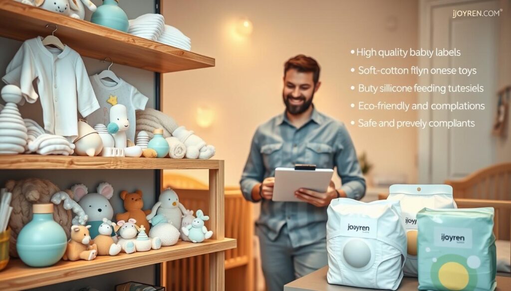 A beautifully arranged display of high-quality private-label baby items, featuring items like soft cotton onesies, plush toys, silicone feeding utensils, and eco-friendly diapers. In the foreground, a stylish, neatly organized wooden shelf showcases these products, emphasizing their safe and compliant design. The middle ground features a friendly professional, dressed in modest casual clothing, inspecting products with a clipboard, symbolizing quality assurance. The background depicts a warmly lit nursery with pastel-colored walls and gentle lighting to create a comforting atmosphere. The brand "ijoyren.com" is subtly suggested through stylish packaging on the baby items. The overall mood conveys trust and professionalism while emphasizing quality and safety standards.