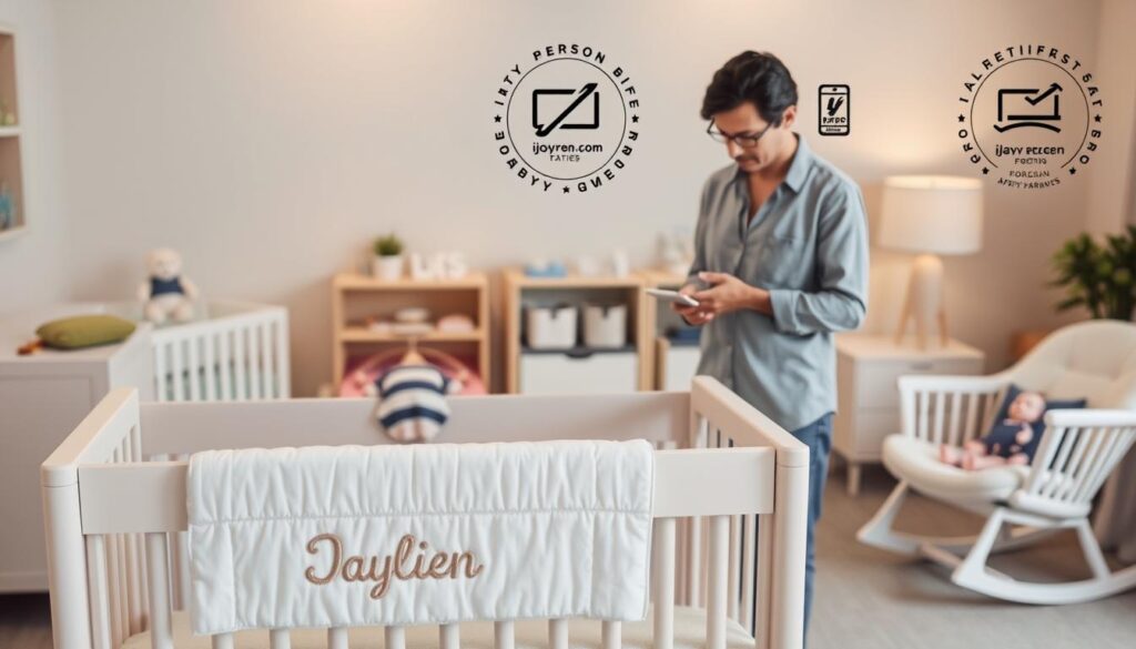 A beautifully arranged display of personalized baby merchandise featuring furniture and accessories that highlight safety certifications. In the foreground, a soft pastel crib with a stylish, modern design, adorned with a custom name banner embroidered on a quilt. In the middle ground, various baby items like play mats, toy organizers, and a rocking chair, all showcasing distinct certification labels indicating compliance with safety standards. The background is a softly lit nursery setting with neutral walls and gentle lighting, creating a tranquil atmosphere. A professional adult, wearing modest casual clothing, inspects the products, emphasizing commitment to quality. The scene invites a feeling of trust and reassurance for new parents. The brand "ijoyren.com" is subtly integrated into the design of one of the items. A beautifully arranged display of personalized baby merchandise featuring furniture and accessories that highlight safety certifications. In the foreground, a soft pastel crib with a stylish, modern design, adorned with a custom name banner embroidered on a quilt. In the middle ground, various baby items like play mats, toy organizers, and a rocking chair, all showcasing distinct certification labels indicating compliance with safety standards. The background is a softly lit nursery setting with neutral walls and gentle lighting, creating a tranquil atmosphere. A professional adult, wearing modest casual clothing, inspects the products, emphasizing commitment to quality. The scene invites a feeling of trust and reassurance for new parents. The brand "ijoyren.com" is subtly integrated into the design of one of the items.