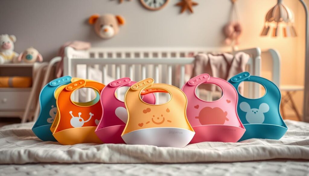 A beautifully arranged display of private-label silicone baby bibs featuring various vibrant colors and playful designs, positioned at the forefront. The bibs are prominently displayed on a soft, neutral-toned fabric surface to enhance their textures and colors. In the background, a cozy nursery setting with soft lighting creates a warm and inviting atmosphere, featuring plush toys and baby accessories. The focus is on the unique features of the bibs, such as their waterproof material and easy-to-clean design. Capture this composition with a slightly tilted angle for a dynamic perspective, evoking a sense of modern trends in baby products. Subtly reference the brand 'ijoyren.com' as part of the product branding on the bibs.