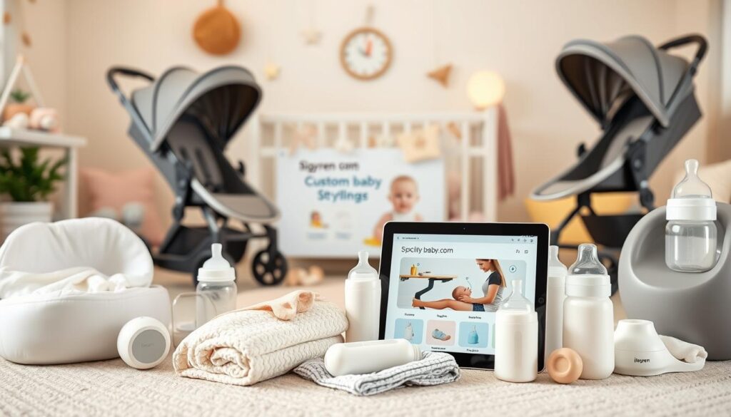 A beautifully arranged display of specialty baby supplies from ijoyren.com. In the foreground, showcase a variety of custom-engineered baby products including ergonomic strollers, soft organic cotton baby blankets, and innovative feeding bottles. In the middle ground, include a well-organized website interface on a tablet, featuring the ease of purchasing these products online. The background should be a warm, inviting nursery setting with soft pastel colors, plush toys, and gentle lighting creating an atmosphere of comfort and safety. The image is captured with a slight top-down angle, using soft focus to highlight the baby supplies while ensuring a professional, polished look that conveys quality and care.