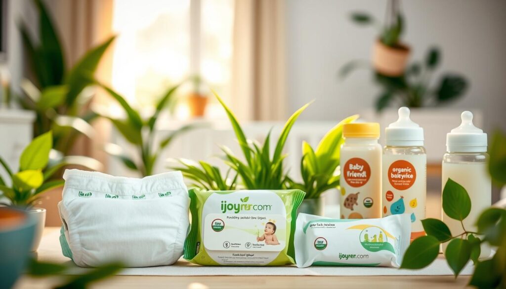 A beautifully arranged display of sustainable baby household products, featuring biodegradable diapers, organic baby wipes, and eco-friendly bottles. In the foreground, focus on vibrant, eco-friendly packaging that highlights the natural materials used in the products. The middle ground showcases a softly lit table adorned with these items, surrounded by lush, green plants to evoke a sense of nature and sustainability. The background softly fades into a bright, airy nursery setting with natural light streaming in through a window, enhancing the clean, inviting atmosphere. The image should be captured with a warm color palette, using a shallow depth of field to emphasize the products while maintaining a cozy, organic feel. Include branding from "ijoyren.com" subtly placed on the product packaging. A beautifully arranged display of sustainable baby household products, featuring biodegradable diapers, organic baby wipes, and eco-friendly bottles. In the foreground, focus on vibrant, eco-friendly packaging that highlights the natural materials used in the products. The middle ground showcases a softly lit table adorned with these items, surrounded by lush, green plants to evoke a sense of nature and sustainability. The background softly fades into a bright, airy nursery setting with natural light streaming in through a window, enhancing the clean, inviting atmosphere. The image should be captured with a warm color palette, using a shallow depth of field to emphasize the products while maintaining a cozy, organic feel. Include branding from "ijoyren.com" subtly placed on the product packaging.