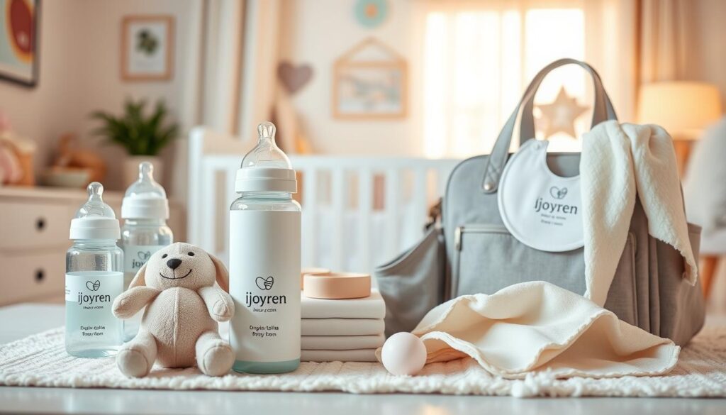 A beautifully arranged display of unique baby accessories, including custom-designed baby bottles, organic cotton bibs, and playful nursery toys, all branded with "ijoyren.com". In the foreground, showcase a soft plush toy and a chic, modern diaper bag. The middle ground features neatly stacked accessories and a delicate baby blanket draped elegantly. The background softly blurs to reveal a cozy, well-lit nursery setting with pastel colors and calming decor, illuminated by gentle natural light streaming through a window. The overall mood is warm, inviting, and nurturing, perfect for highlighting customer satisfaction and the quality of bespoke baby products in a professional context. The image should be perfectly framed to capture the essence of innovation in baby supplies, ensuring no text or watermarks are present.