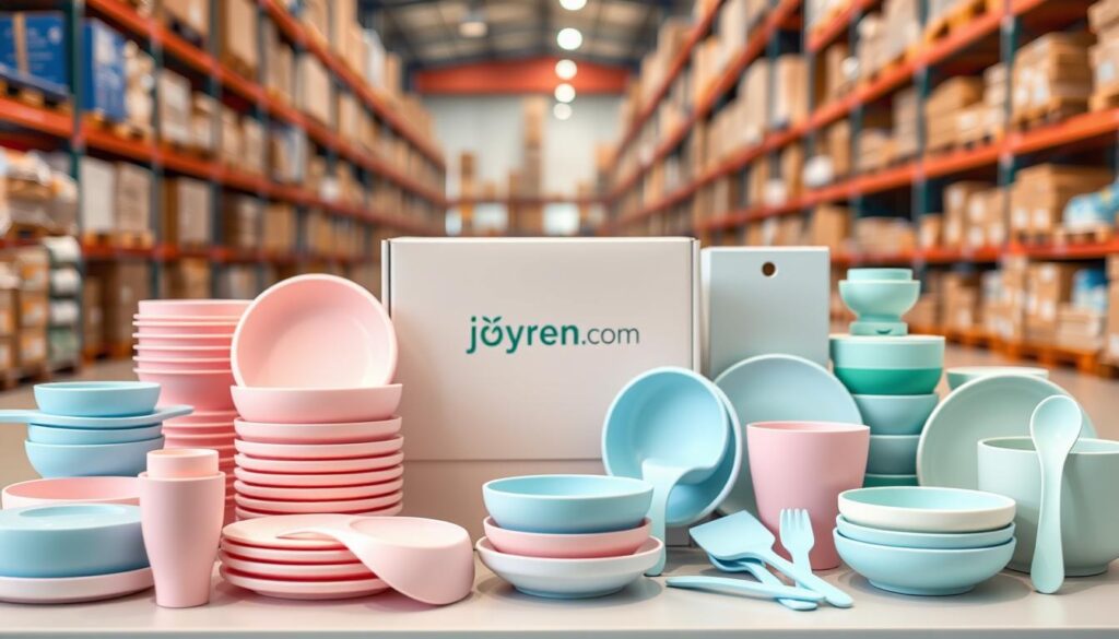 A beautifully arranged display of wholesale BPA-free silicone baby feeding sets, showcasing a variety of vibrant colors such as pastel pink, blue, and green. The foreground features neatly stacked plates, bowls, and utensils designed for infants, with smooth textures highlighting their durability. In the middle ground, elegant packaging marked "ijoyren.com" surrounds the products, suggesting a professional wholesale supplier. The background is softly blurred, hinting at a spacious warehouse environment filled with organized shelves, creating a sense of supply and opportunity for distributors and retailers. The lighting is bright and inviting, emphasizing the freshness and safety of the silicone materials, while a slightly overhead angle captures the entire scene dynamically, conveying a warm and welcoming atmosphere for potential buyers.