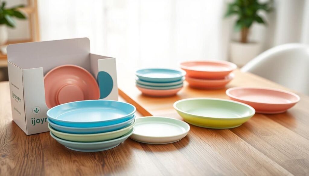 A beautifully arranged display of wholesale food-grade silicone baby plates with suction bases, showcasing a variety of vibrant colors such as soft pink, sky blue, and gentle green. In the foreground, focus on a few plates stacked artistically beside an open ijoyren.com box, emphasizing their smooth, BPA-free surface and child-friendly designs. The middle layer features additional plates set on a wooden table, gently curved for easy feeding. In the background, a soft, diffused natural light filters through a window, creating a warm and inviting atmosphere. Capture the scene from an overhead angle, highlighting the textures and colors while maintaining an organized and clean aesthetic, reflecting professionalism and quality in baby feeding products. The image should evoke a sense of safety, health, and style within a family-friendly environment.