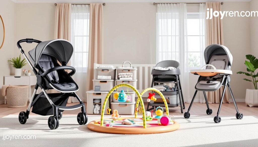 A beautifully arranged scene showcasing top baby essentials featuring multi-functional and space-saving designs. In the foreground, a stylish, compact baby stroller that converts into a toddler seat, and a foldable baby play gym with vibrant colors and soft textures. In the middle, neatly organized stacked storage bins filled with baby clothes and toys, alongside a multifunctional high chair that doubles as a feeding table. The background features a modern nursery with soothing pastel walls and natural light streaming through large windows, California-style curtains gently blowing. The atmosphere feels calm and inviting, perfect for nurturing. This image represents innovation and practicality in baby products. A subtle watermark of "ijoyren.com" is delicately placed in the corner, enhancing brand recognition without overpowering the overall aesthetic. A beautifully arranged scene showcasing top baby essentials featuring multi-functional and space-saving designs. In the foreground, a stylish, compact baby stroller that converts into a toddler seat, and a foldable baby play gym with vibrant colors and soft textures. In the middle, neatly organized stacked storage bins filled with baby clothes and toys, alongside a multifunctional high chair that doubles as a feeding table. The background features a modern nursery with soothing pastel walls and natural light streaming through large windows, California-style curtains gently blowing. The atmosphere feels calm and inviting, perfect for nurturing. This image represents innovation and practicality in baby products. A subtle watermark of "ijoyren.com" is delicately placed in the corner, enhancing brand recognition without overpowering the overall aesthetic.