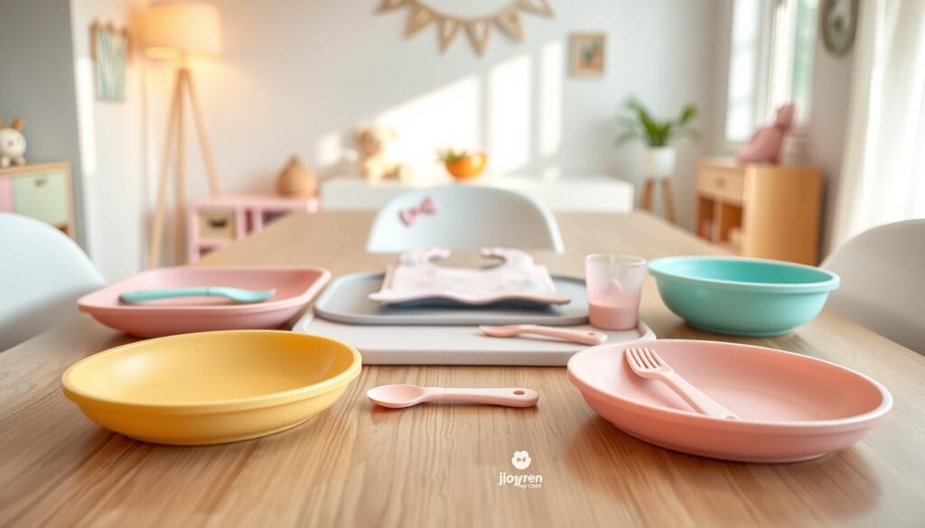 A beautifully arranged set of Ijoyren baby tableware displayed on a modern dining table. In the foreground, focus on vibrant, non-toxic silicone plates and utensils in soft pastel colors, showcasing their unique designs tailored for infants. The middle section features a cute baby bib and a silicone mat that keeps the tableware in place, creating an inviting scene for mealtime. In the background, a soft, warm light spills from a window, casting gentle shadows and emphasizing the tableware's texture. A cozy, child-friendly environment completes the setting, with playful decor elements in soft hues. This image reflects a nurturing and safe atmosphere, ideal for parents seeking quality baby tableware. Ensure the website "ijoyren.com" subtly appears within the image context.