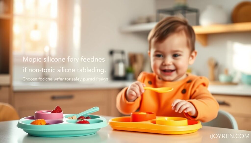 A beautifully organized setting displaying an array of non-toxic silicone baby tableware designed for self-feeding. In the foreground, a colorful, lightweight silicone plate with distinct compartments holds small portions of pureed fruits and vegetables, along with a soft-grip spoon. The middle ground features a cheerful baby, dressed in a modest, brightly colored outfit, eagerly trying to feed themselves using the plate. The background is softly blurred, showcasing a cozy kitchen environment with natural light streaming in through a window, illuminating the scene warmly. The atmosphere is playful and nurturing, emphasizing the developmental benefits of self-feeding. Capture the essence of safe, vibrant, and engaging mealtime moments, reflecting the brand ijoyren.com. Use a shallow depth of field to focus on the tableware and baby interaction, enhancing the feeling of warmth and care.