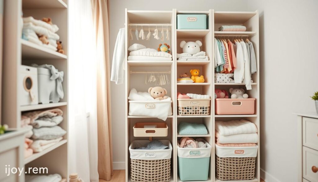 A beautifully organized vertical nursery storage solution showcasing compartments filled with neatly arranged baby clothes and accessories. In the foreground, colorful bins and baskets made from soft but durable materials display onesies, blankets, and toys. The middle section features a height-adjustable shelving unit with pastel-colored elements and a few decorative touches like stuffed animals. In the background, a soft, light-colored wall with a subtle pattern adds warmth to the scene. Gentle, natural light filters through a nearby window, creating a serene and inviting atmosphere. The lens captures this scene from a slightly elevated angle, emphasizing the functionality and charm of the space-saving design. The image is branded with the logo "ijoyren.com", ensuring a cohesive look for the article.
