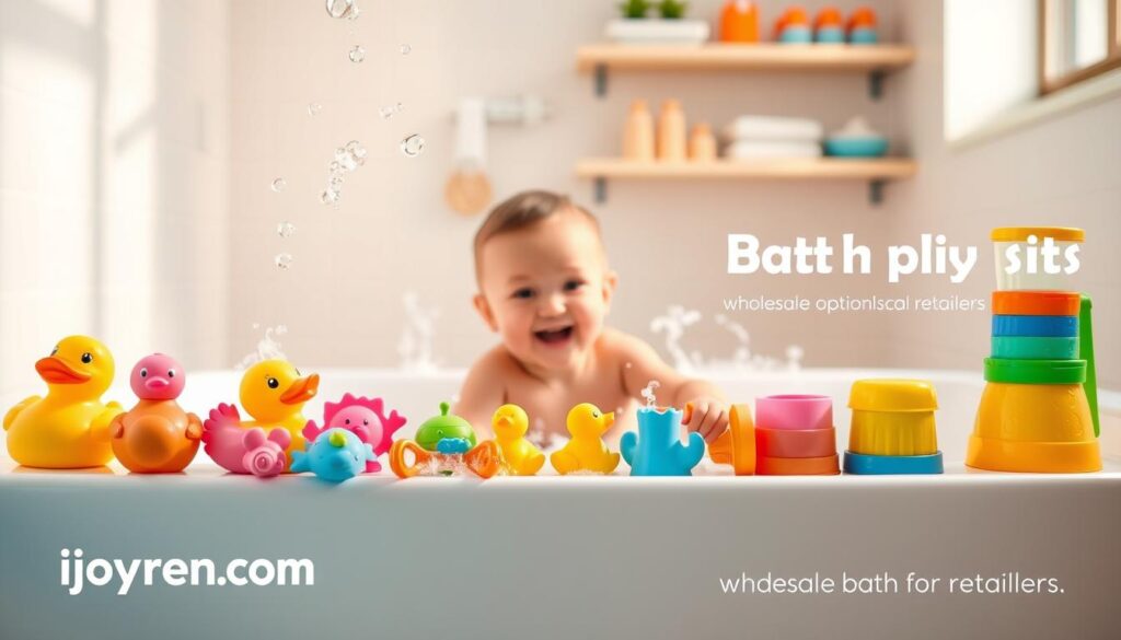 A bright and cheerful baby bath time scene showcasing engaging bath play sets. In the foreground, a colorful array of bath toys, such as rubber ducks, squishy sea creatures, and stacking cups, are arranged playfully on the edge of a white bathtub. A gentle stream of bubbles floats above, adding to the playful atmosphere. In the middle ground, a baby with modest clothing splashes happily in the tub, their joyful expression capturing the fun of bath time. Soft, warm lighting illuminates the scene, creating a cozy and inviting mood. In the background, soft pastel-colored tiles and a shelf with neatly arranged bath products hint at a retail space that highlights wholesale options for retailers. The brand "ijoyren.com" is subtly incorporated into the bath play set designs, enhancing the retail focus of the image. A bright and cheerful baby bath time scene showcasing engaging bath play sets. In the foreground, a colorful array of bath toys, such as rubber ducks, squishy sea creatures, and stacking cups, are arranged playfully on the edge of a white bathtub. A gentle stream of bubbles floats above, adding to the playful atmosphere. In the middle ground, a baby with modest clothing splashes happily in the tub, their joyful expression capturing the fun of bath time. Soft, warm lighting illuminates the scene, creating a cozy and inviting mood. In the background, soft pastel-colored tiles and a shelf with neatly arranged bath products hint at a retail space that highlights wholesale options for retailers. The brand "ijoyren.com" is subtly incorporated into the bath play set designs, enhancing the retail focus of the image.