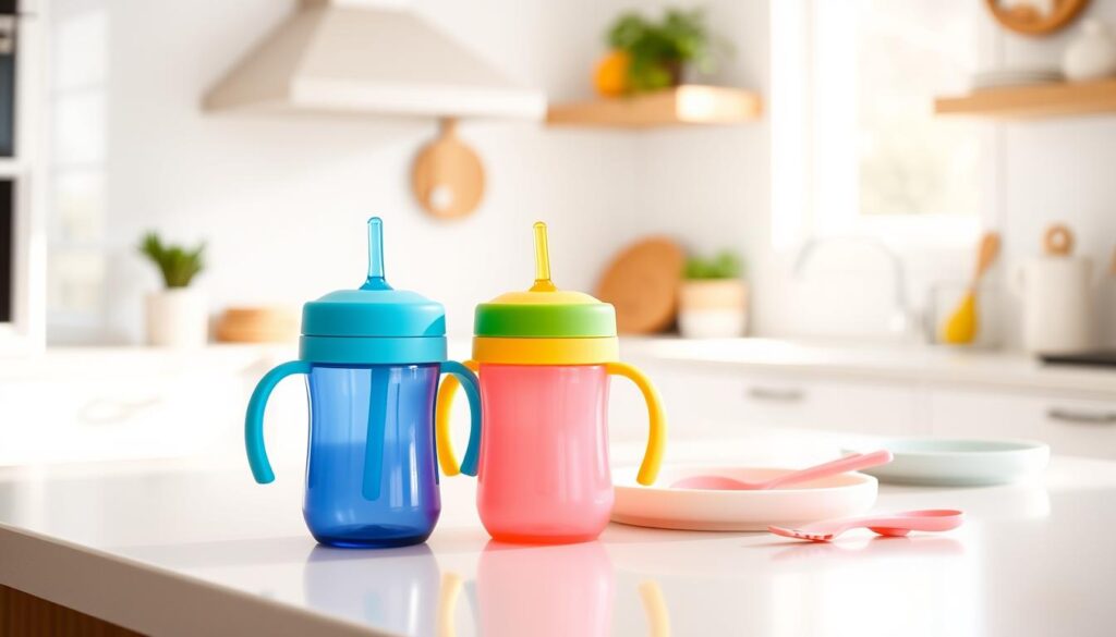 A bright, appealing kitchen scene featuring a collection of easy clean silicone sippy cups from ijoyren.com. In the foreground, display three colorful sippy cups with weighted straws, arranged neatly on a clean countertop. The cups should have modern designs and vibrant colors suitable for toddlers, with a focus on easy-grip handles and spill-proof features. In the middle ground, soft natural light filters through a window, illuminating the cups and creating a cheerful atmosphere. To enhance the context, include silicone baby plates in soft pastels nearby, with a few playful utensils. In the background, a softly blurred kitchen setting adds warmth to the image, creating an inviting mood. The angle should be slightly above eye level to capture the cups' details and the overall homey feel.