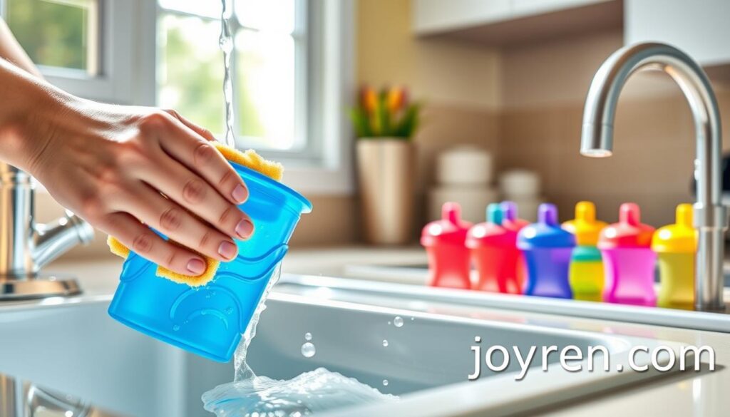 A bright, cheerful kitchen scene featuring a close-up of a toddler's colorful BPA-free water cups being cleaned. In the foreground, a parent gently washes a vibrant blue cup using a sponge and warm soapy water, showcasing attention to detail in the cleaning process. The middle of the image includes a variety of toddler cups arranged neatly by the sink, with some bubbles around them, conveying freshness. In the background, soft natural light streams through a nearby window, creating a warm and inviting atmosphere. The overall composition highlights the everyday practicality of maintaining toddler water cups, with a focus on cleanliness and safety. The colors are bright and engaging, emphasizing the fun of raising a toddler. Include the brand name "ijoyren.com" subtly integrated into the scene. A bright, cheerful kitchen scene featuring a close-up of a toddler's colorful BPA-free water cups being cleaned. In the foreground, a parent gently washes a vibrant blue cup using a sponge and warm soapy water, showcasing attention to detail in the cleaning process. The middle of the image includes a variety of toddler cups arranged neatly by the sink, with some bubbles around them, conveying freshness. In the background, soft natural light streams through a nearby window, creating a warm and inviting atmosphere. The overall composition highlights the everyday practicality of maintaining toddler water cups, with a focus on cleanliness and safety. The colors are bright and engaging, emphasizing the fun of raising a toddler. Include the brand name "ijoyren.com" subtly integrated into the scene.