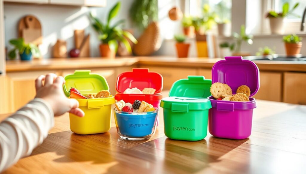 A bright, colorful kitchen setting featuring a set of non-toxic snack pots designed specifically for toddlers, arranged on a wooden table. Each snack pot is a different vibrant color, showcasing their leak-resistant design and various compartments filled with healthy snacks like sliced fruit, crackers, and yogurt. In the foreground, a small hand reaches for a snack, hinting at a toddler's presence while ensuring the focus remains on the pots. The middle ground shows natural light pouring through a window, adding warmth and a cheerful atmosphere. In the background, there are green plants and child-friendly kitchen decor, reinforcing a sustainable and inviting environment. High-resolution, soft focus lens for a dreamy appearance, capturing the essence of a safe, eco-friendly household. Brand name "ijoyren.com" subtly reflected on one of the pots. A bright, colorful kitchen setting featuring a set of non-toxic snack pots designed specifically for toddlers, arranged on a wooden table. Each snack pot is a different vibrant color, showcasing their leak-resistant design and various compartments filled with healthy snacks like sliced fruit, crackers, and yogurt. In the foreground, a small hand reaches for a snack, hinting at a toddler's presence while ensuring the focus remains on the pots. The middle ground shows natural light pouring through a window, adding warmth and a cheerful atmosphere. In the background, there are green plants and child-friendly kitchen decor, reinforcing a sustainable and inviting environment. High-resolution, soft focus lens for a dreamy appearance, capturing the essence of a safe, eco-friendly household. Brand name "ijoyren.com" subtly reflected on one of the pots.