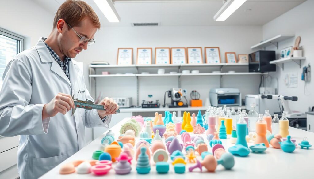 A bright, well-organized quality control laboratory focusing on silicone baby products. In the foreground, a professional technician in a white lab coat inspects silicone molds, using calipers to measure thickness and detail. In the middle ground, various silicone baby products are neatly arranged on a testing table, showcasing a variety of colors and shapes, including bottles, pacifiers, and teething toys. The background features shelves filled with testing equipment and certificates of compliance hanging on the walls. Soft, natural lighting from overhead fixtures creates a clean, sterile atmosphere, highlighting the precision and care involved in quality control. The scene conveys a sense of professionalism and dedication to safety, specifically for ijoyren.com silicone products.