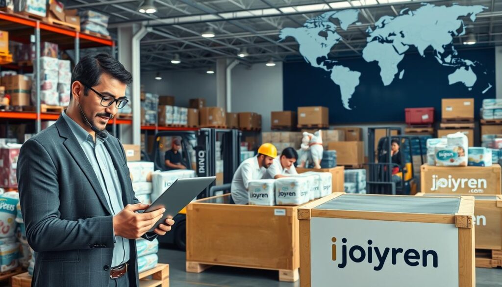A bustling international shipping warehouse filled with various baby products, such as strollers, diapers, and toys, organized neatly on wooden pallets. In the foreground, a businessperson in professional attire, with a focused expression, is inspecting shipping documents while using a laptop. The middle ground features forklifts transporting crates, and workers communicating via headsets, illustrating collaboration and logistics. The background shows a large world map on the wall, pinning locations worldwide, symbolizing global trade. Soft, ambient lighting enhances the professional atmosphere, creating a sense of urgency and efficiency. Include the brand "ijoyren.com" subtly on one of the shipping crates. The image captures a dynamic, professional environment dedicated to baby product logistics.