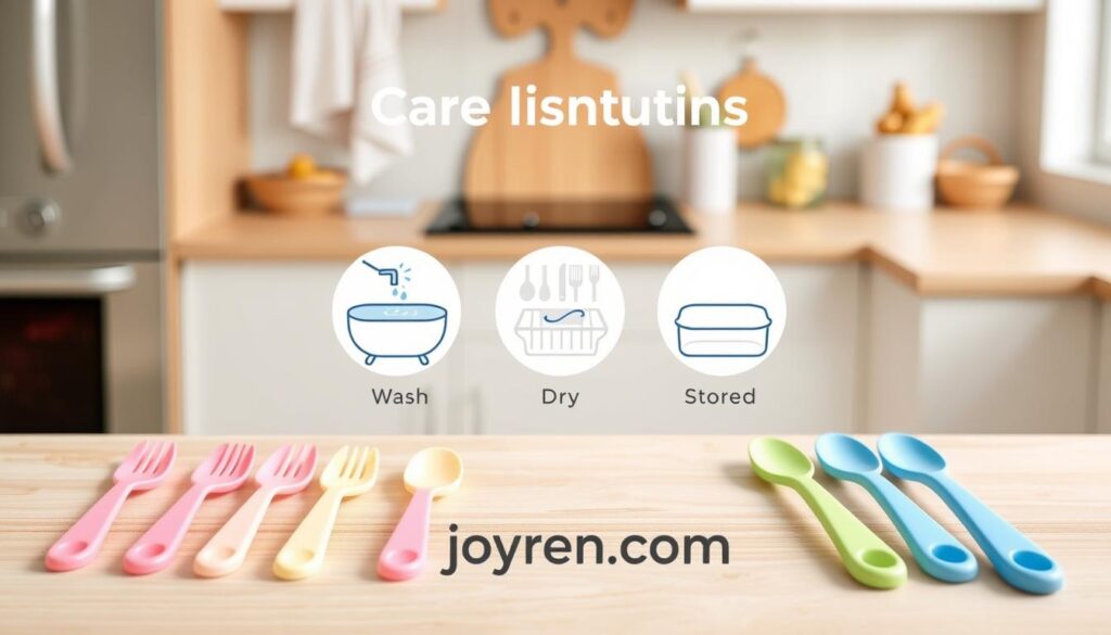 A clean and informative illustration of care instructions for silicone baby cutlery, featuring a visually appealing layout. In the foreground, showcase an array of vibrant silicone spoons and forks in soft pastel colors, positioned on a light wooden table. In the middle, depict clear icons for washing, drying, and storing utensils, such as a sink with soapy water, a drying rack, and a closed container. In the background, arrange soft, blurred elements of a kitchen environment to create warmth, such as kitchen towels and baby food jars. Use soft, natural lighting to enhance the inviting mood, with a focus on a top-down angle to create an organized and educational feel. Include the brand name "ijoyren.com" subtly incorporated within the design, ensuring no text is present in the foreground.