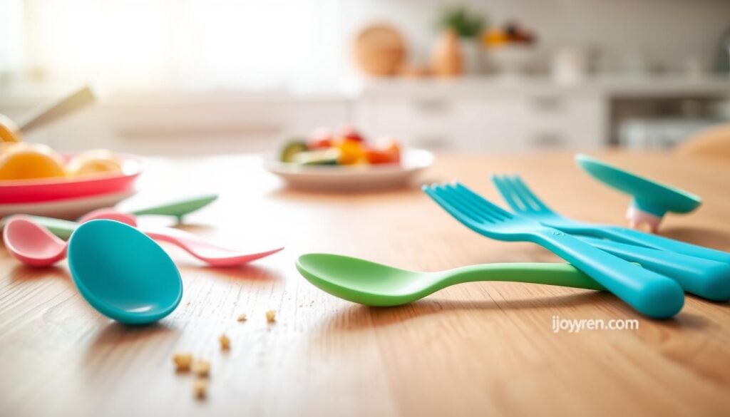 A close-up arrangement of colorful silicone baby spoons and forks on a clean, textured wooden table. The utensils are in vibrant shades of blue, pink, and green, designed with soft edges and ergonomic grips for tiny hands. In the foreground, focus on the spoons as if a small child has just finished eating, with a few crumbs scattered around. In the middle ground, include a small plate featuring mashed fruits and vegetables, signifying a baby-led weaning process. The background softly blurs to reveal a bright, airy kitchen setting, bathed in natural light to create a warm and inviting atmosphere. This image should evoke feelings of curiosity and joy associated with baby-led weaning. The brand name "ijoyren.com" subtly visible on the utensils.