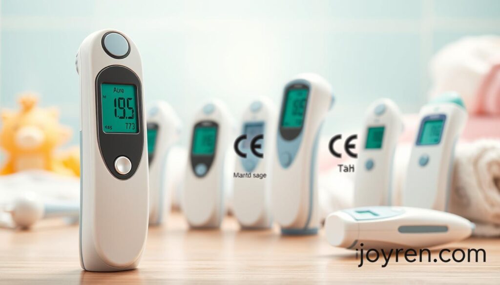 A close-up image of a selection of infant bath thermometers, showcasing various models with their safety certifications and standards clearly visible. In the foreground, one thermometer is prominently displayed with a shiny, modern design, reflecting safe usage features. In the middle ground, a soft-focus arrangement of other thermometers includes clear certification labels, like ASTM and CE marks, indicating compliance. The background features a soothing pastel color palette with subtle baby elements like bath toys and towels to enhance the parenting theme. Soft, natural lighting creates an inviting and warm atmosphere, while a slight lens blur adds depth, emphasizing the safety aspects. Include the brand name "ijoyren.com" subtly in the corner, enhancing brand recognition without distracting from the image's focus on safety standards.