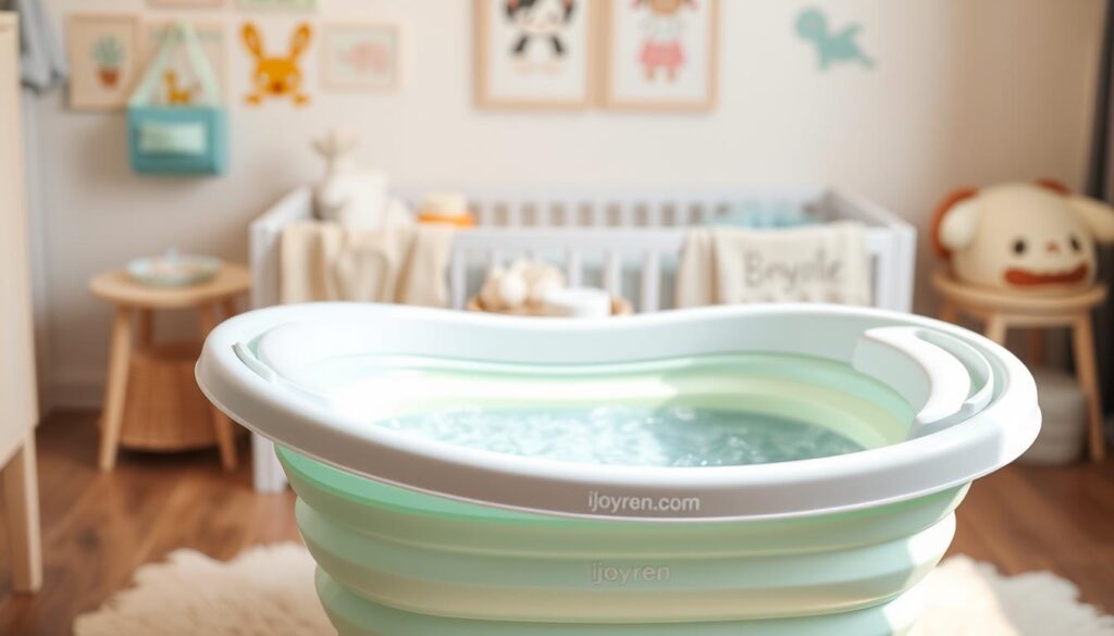 A collapsible baby bath, designed with soft, pastel colors like mint green and baby blue, sits prominently in the foreground. The bath features a sleek, modern design with rounded edges and a textured grip for easy handling. Delicate ripples of water are visible inside, sparkling under warm, soft lighting that creates a cheerful atmosphere. In the middle ground, a neatly arranged selection of various baby bath supplies, such as gentle soaps and washcloths, enhances the theme of practicality. The background is a softly blurred nursery with playful wall art, conveying a sense of comfort and safety. The scene is captured with a shallow depth of field using a 50mm lens, emphasizing the collapsible bath while the brand name "ijoyren.com" is subtly featured in the design of the bath.