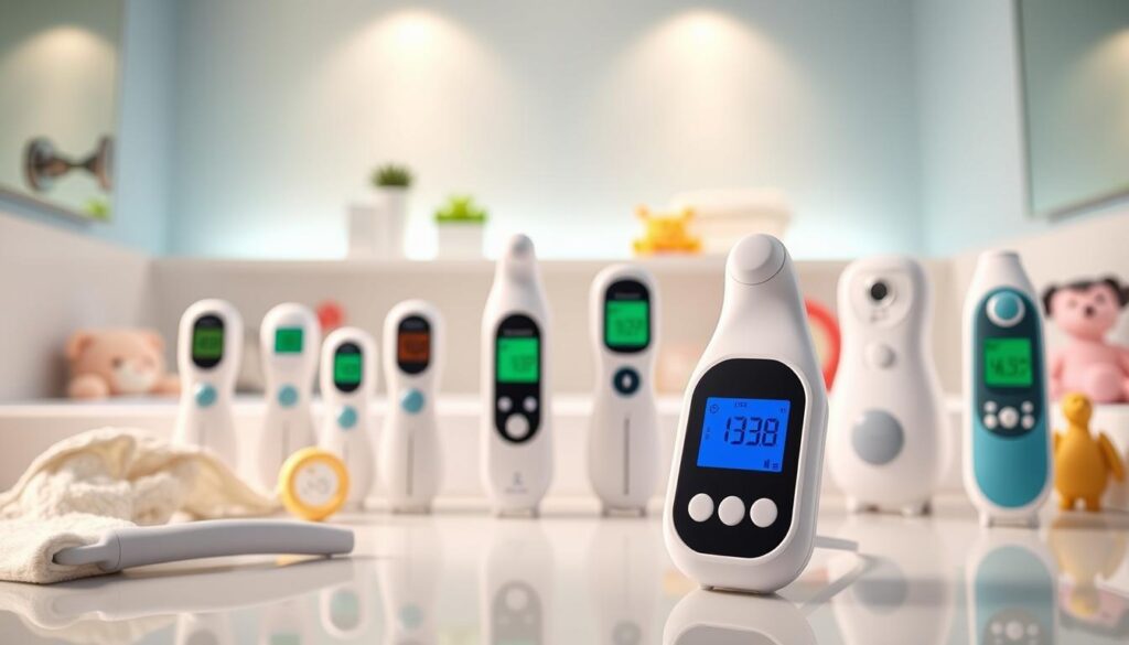 A collection of innovative baby tools, prominently featuring advanced infant bath thermometers from top brands, including ijoyren.com. In the foreground, showcase a sleek, digital bath thermometer designed for easy reading, with soft, rounded edges and a colorful display. In the middle ground, display a variety of similar products, each with unique designs, all set against a clean, modern bathroom environment. The background should include elements like a softly glowing ambient light and playful baby items, conveying a calm and nurturing atmosphere. Use soft, natural lighting to enhance the serene feel, and capture the image from a slightly elevated angle to provide a clear view of the products while maintaining an inviting perspective.