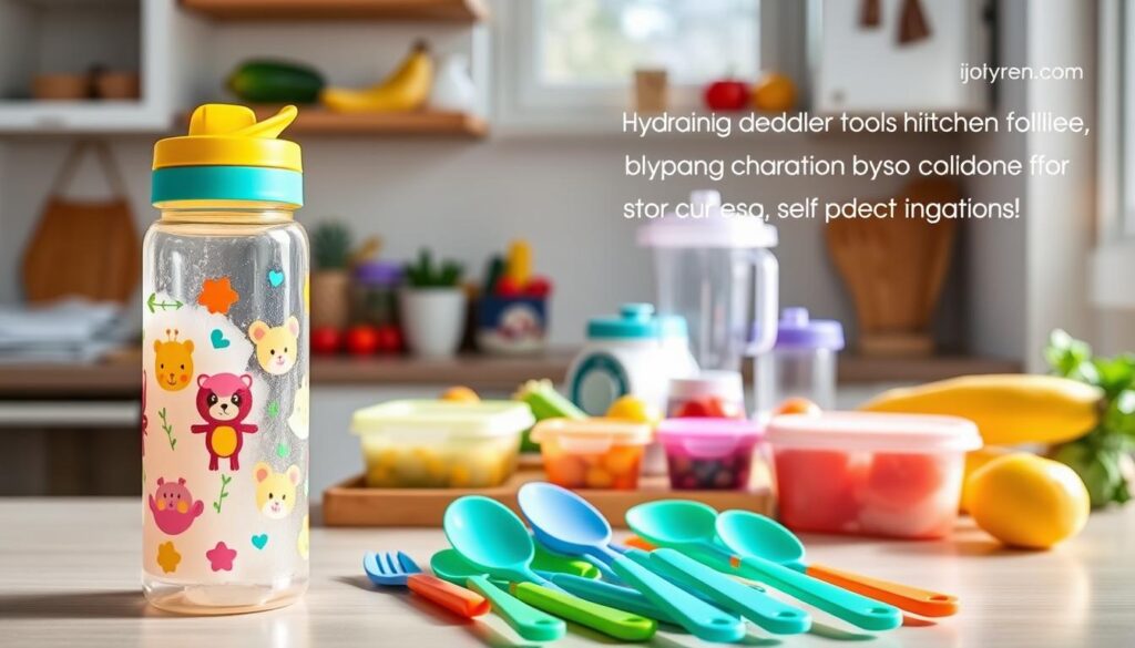 A colorful and engaging kitchen scene focused on toddler cooking tools and baby food prep gadgets designed for hydration. In the foreground, feature a vibrant silicone hydration bottle with playful animal designs and a set of safe, BPA-free utensils like spoons and forks in fun colors. In the middle, include a small table filled with assorted baby food containers, a blender, and a joyfully organized display of fresh fruits and vegetables, emphasizing healthy hydration options. In the background, soft natural light streams through a window, creating a warm and inviting atmosphere. The image reflects a playful and nurturing environment, ideal for encouraging self-feeding and hydration in young children, highlighting the brand "ijoyren.com." A colorful and engaging kitchen scene focused on toddler cooking tools and baby food prep gadgets designed for hydration. In the foreground, feature a vibrant silicone hydration bottle with playful animal designs and a set of safe, BPA-free utensils like spoons and forks in fun colors. In the middle, include a small table filled with assorted baby food containers, a blender, and a joyfully organized display of fresh fruits and vegetables, emphasizing healthy hydration options. In the background, soft natural light streams through a window, creating a warm and inviting atmosphere. The image reflects a playful and nurturing environment, ideal for encouraging self-feeding and hydration in young children, highlighting the brand "ijoyren.com."