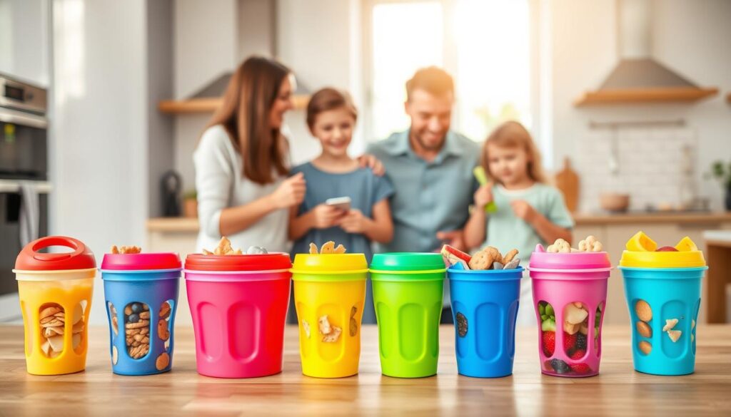 A colorful and inviting scene showcasing toddler snack cups in an organized display, emphasizing their leak-proof design. In the foreground, several brightly colored snack cups are filled with various healthy snacks like fruits, crackers, and veggies, arranged appealingly on a modern wooden table. In the middle ground, happy parents (dressed in modest casual clothing) are observing their toddlers enjoying the snacks, portraying a sense of satisfaction and joy. In the background, a well-lit kitchen setting with soft natural light streaming in, creating a cheerful atmosphere. The image captures the essence of "ijoyren.com" and highlights the functionality of toddler snack cups. Use a soft focus effect to enhance the warmth and approachability of the scene, aiming for a close-up shot that invites viewers into the happy moment.